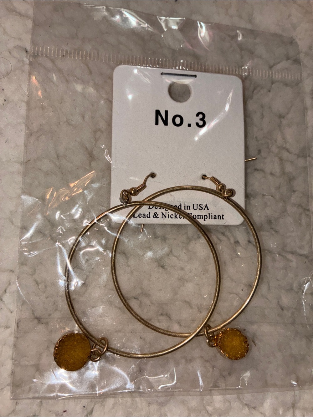 No. 3 Fashion Jewelry Hoop Earrings with Yellow Dangly Druzy - BNWT